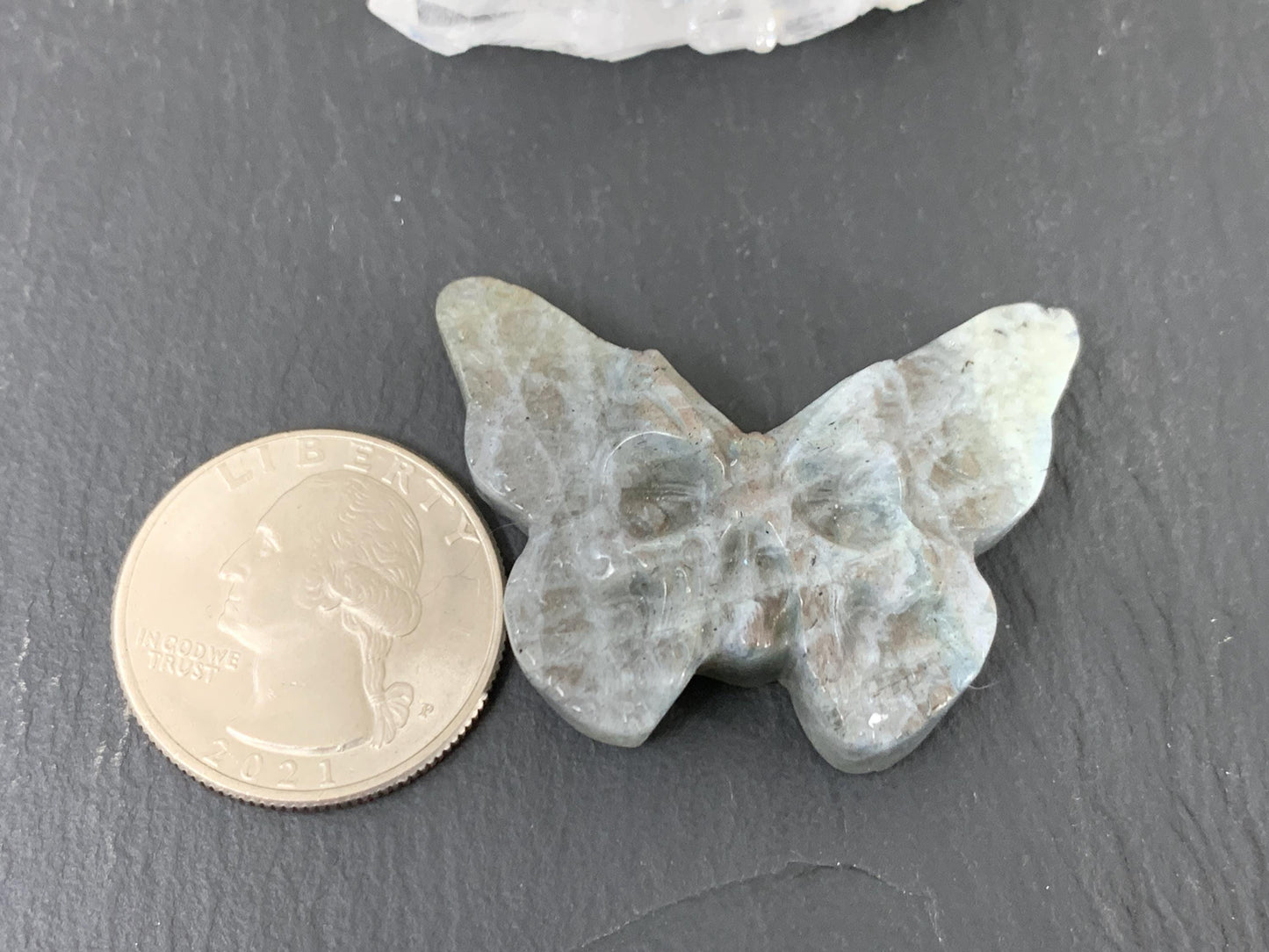 Natural Labradorite Carving - Ghost Face Butterfly 29x40mm Flat Back Gemstone