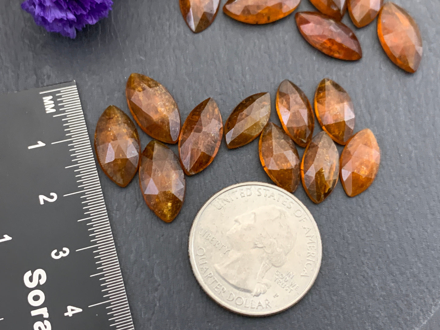 Faceted orange Kyanite marquise 13-16mm long cabochons