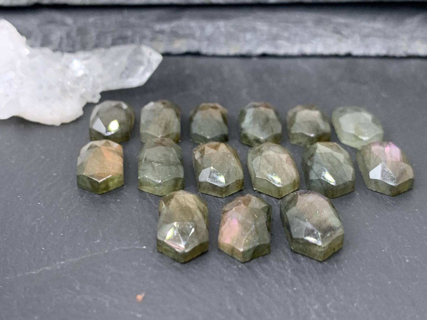 Faceted Labradorite long hexagon 8x16mm cabochon