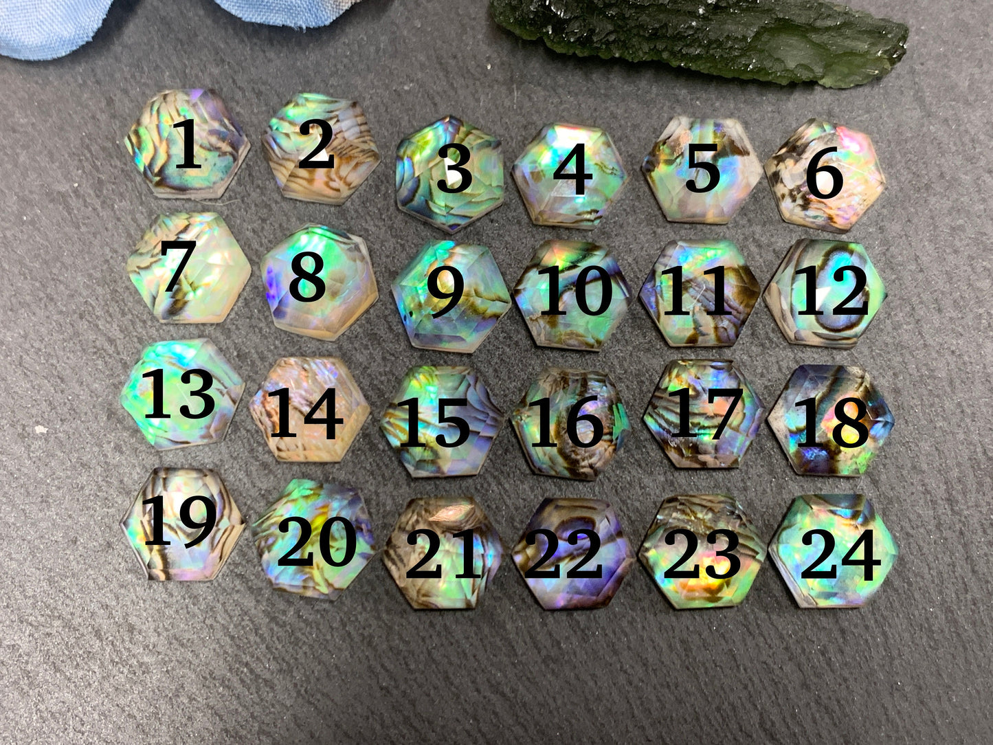Faceted Abalone Crystal hexagon 10mm doublet cabochon