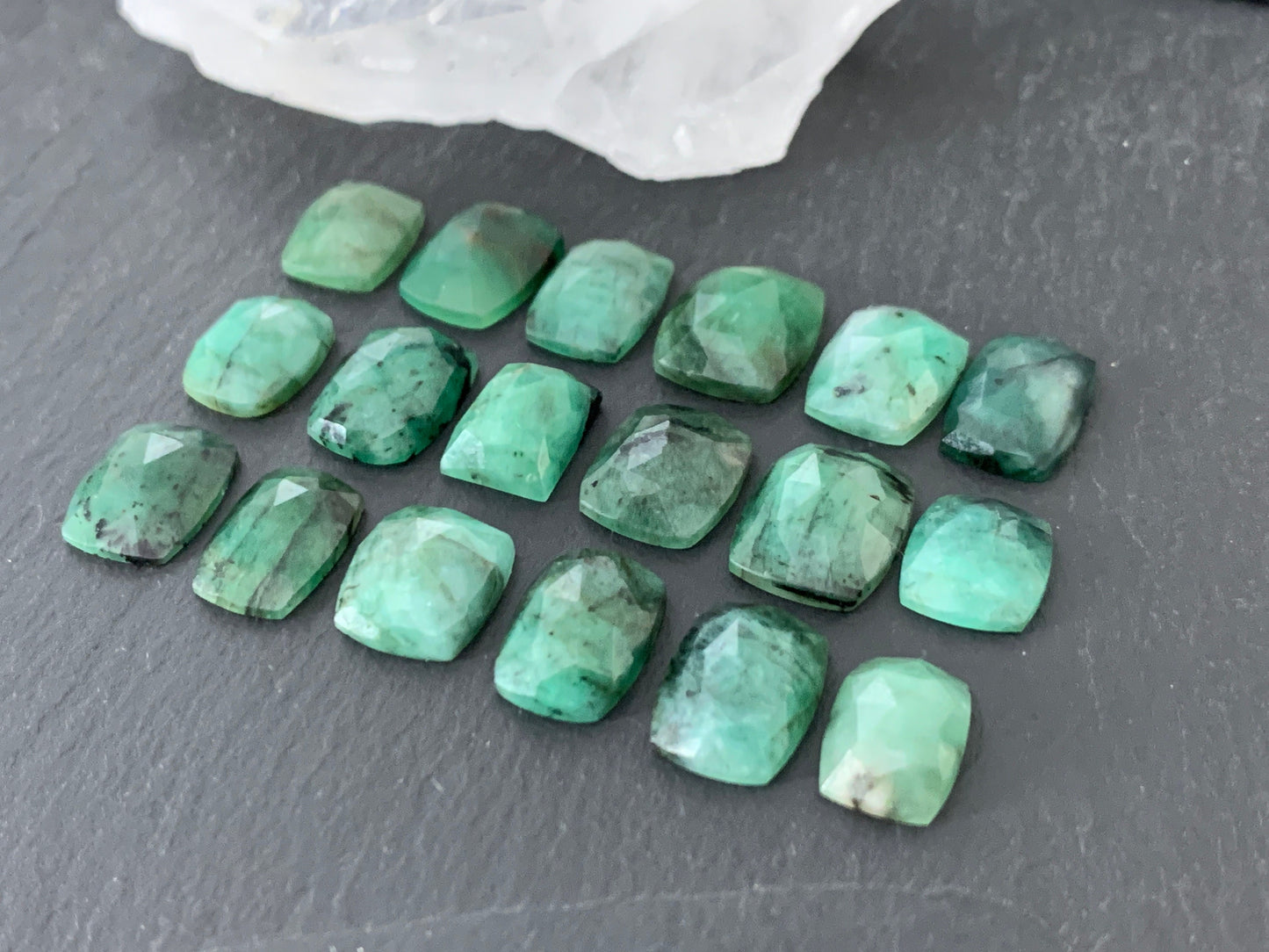 Emerald Faceted rectangle 9-11mm long cabochon