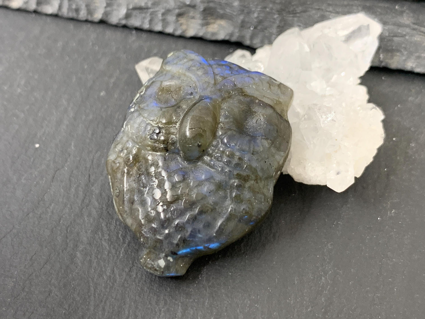 Labradorite Owl Carving 27x35mm Flat Back Gemstone - Natural Iridescent Stone