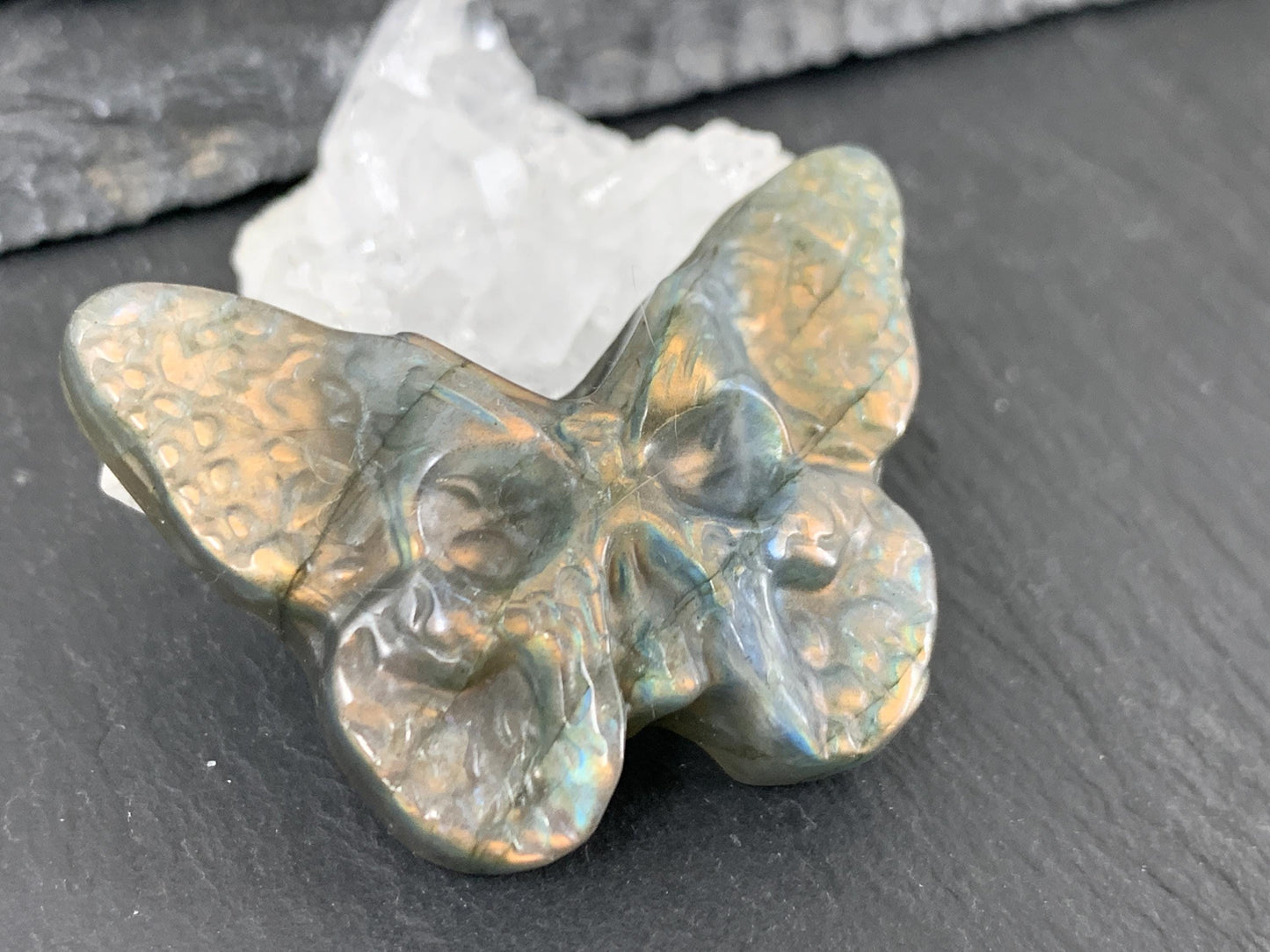 Ghost Face Butterfly Carving – Hand Carved Gemstone Flat Back Gem 29x40mm