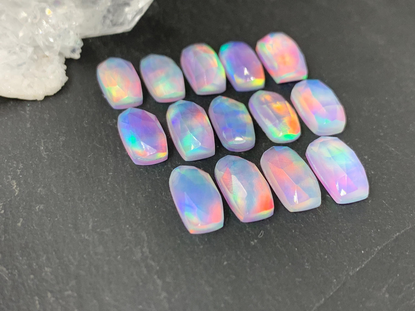 Faceted Aurora Opal rectangle 6x12mm cabochon - Doublet cabochon
