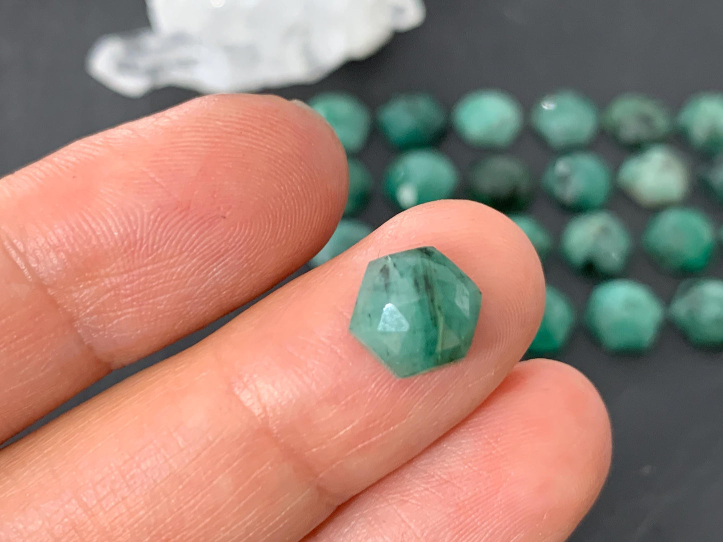 Faceted Emerald hexagon 8mm cabochon