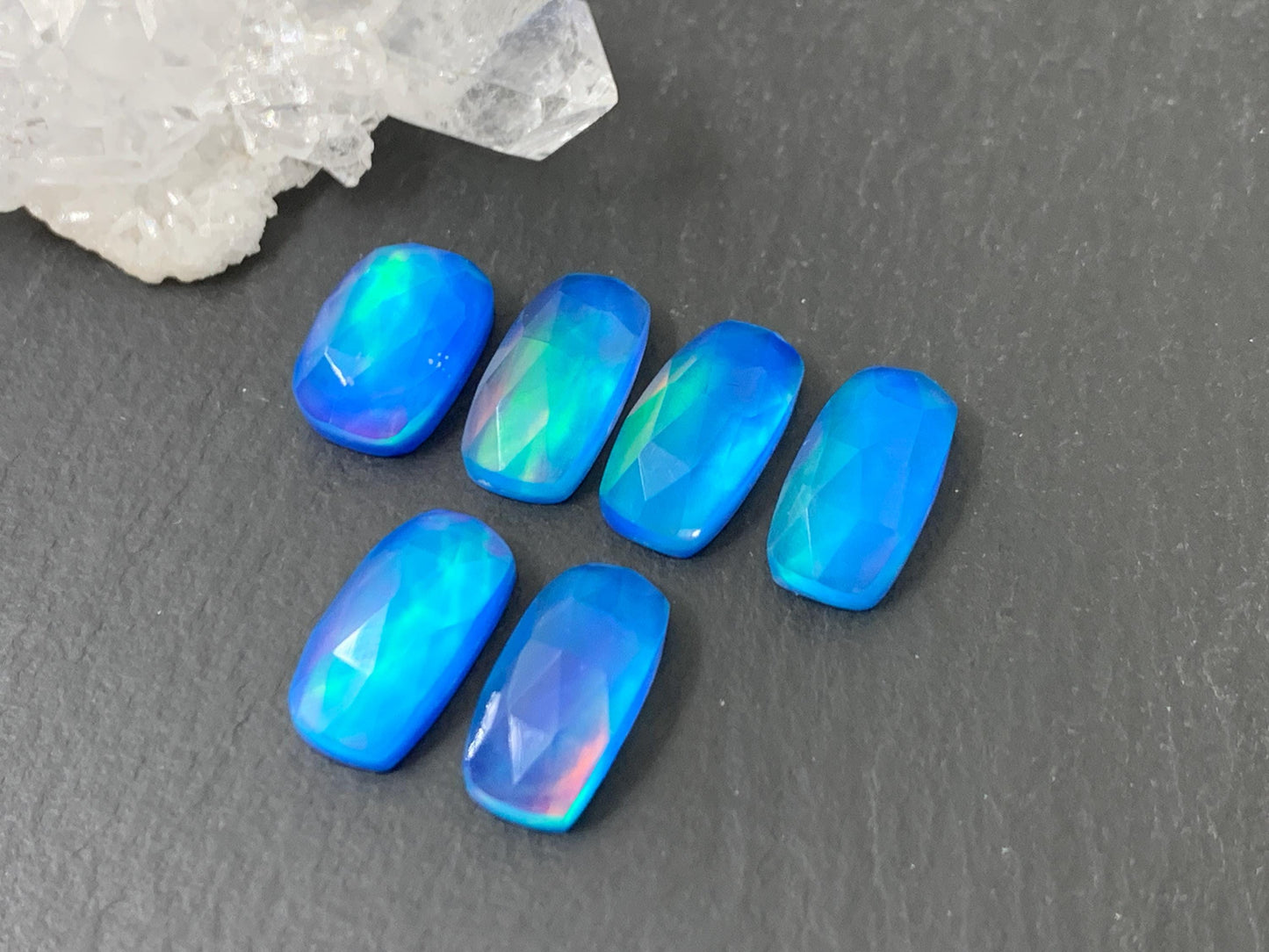Faceted Aurora Opal rectangle 7x14mm long doublet cabochons