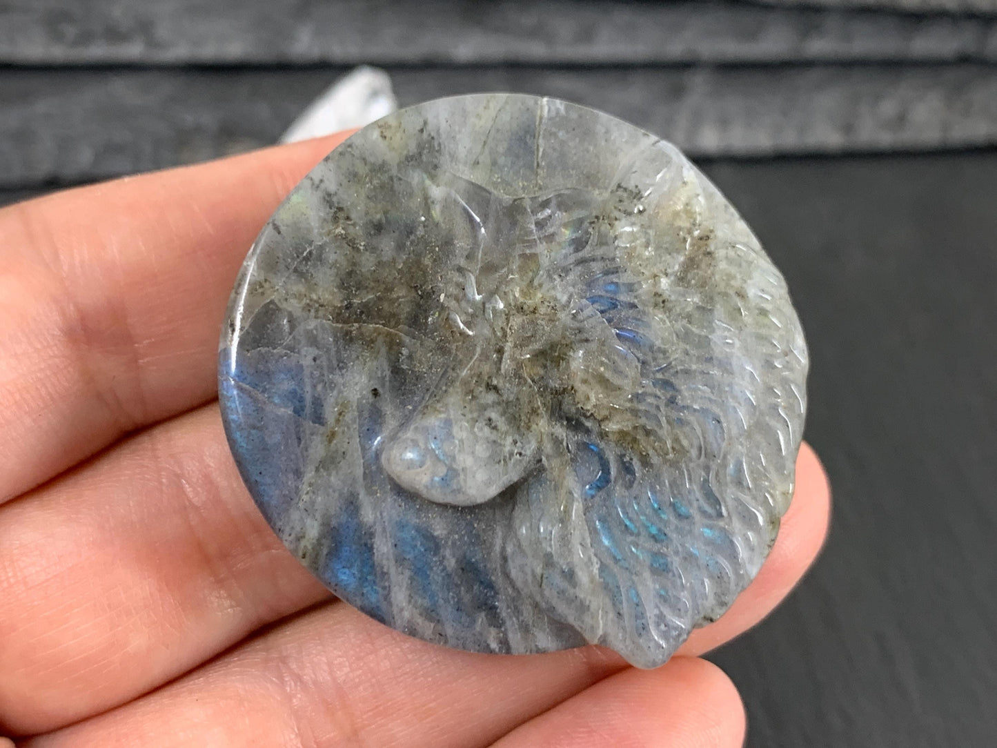 Wolf Labradorite Carving - 41mm Flat Back Natural Gemstone Sculpture