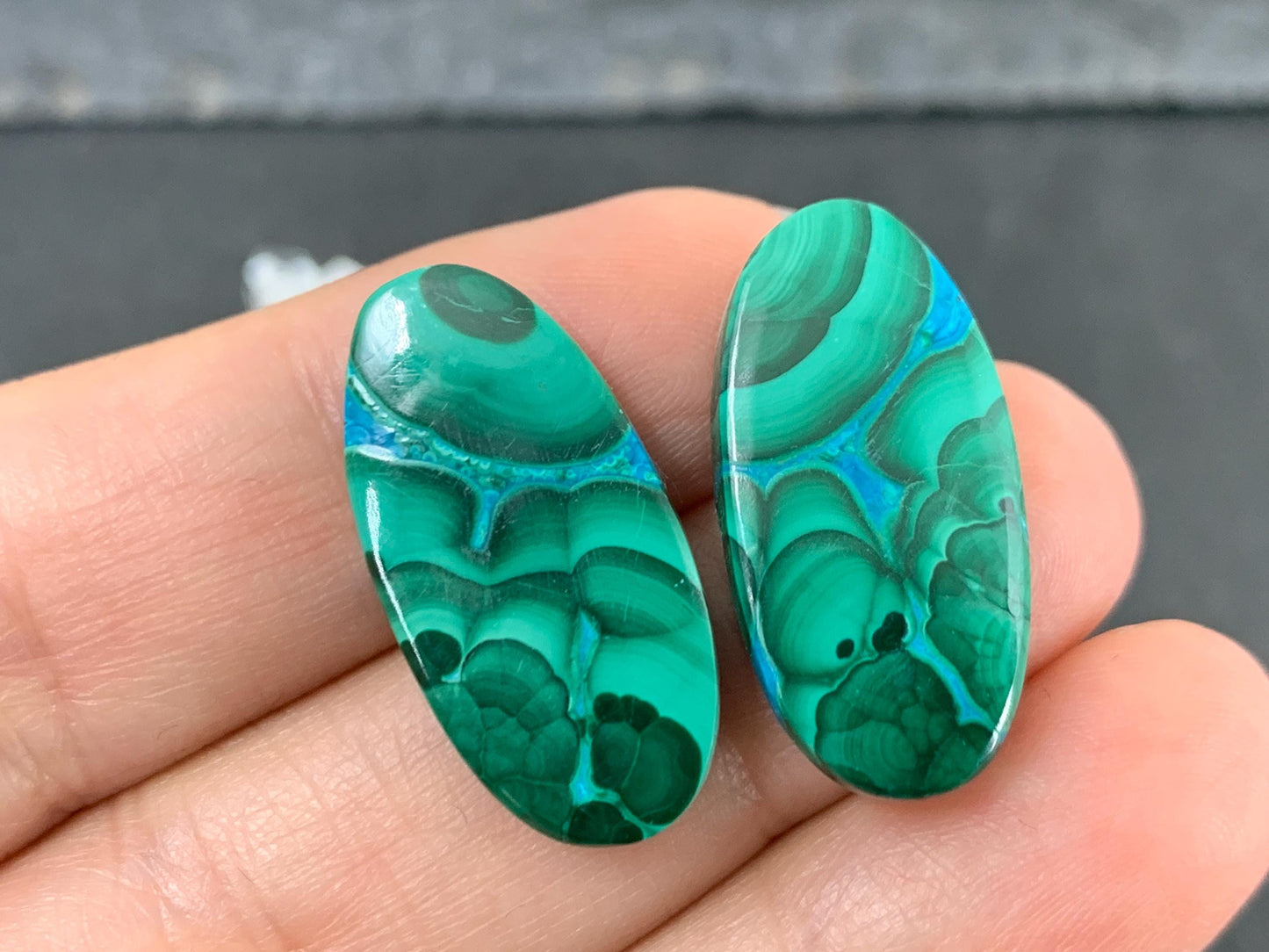 Malachite Chrysocolla oval 12x24x4mm cabochon pair