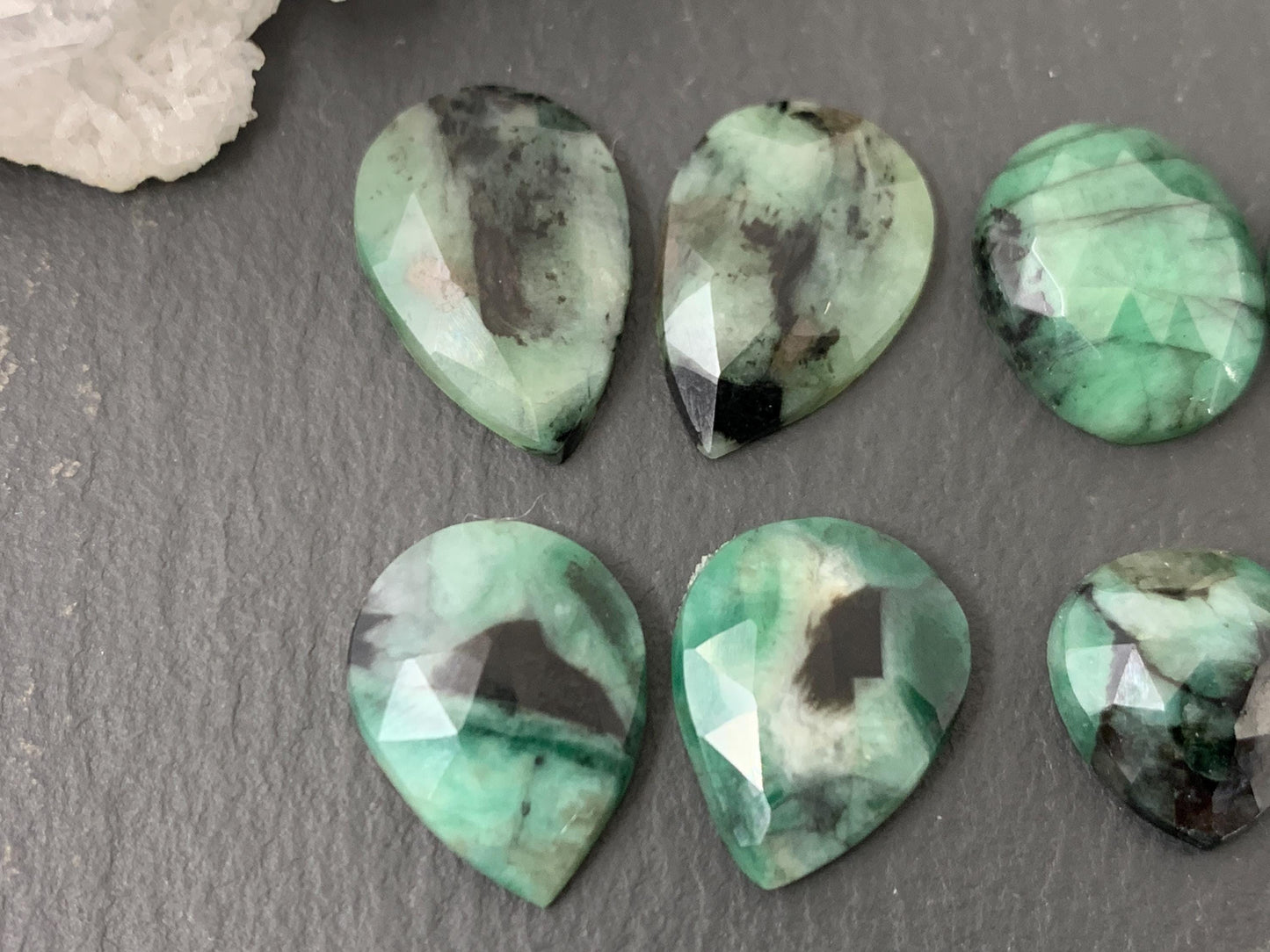 Faceted Emerald Pair 10-16mm long cabochons
