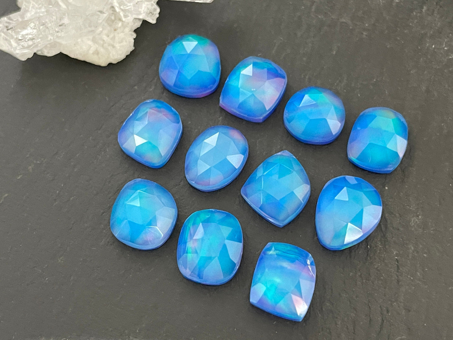 Faceted Aurora Opal 11-12mm long cabochon - Doublet cabochons