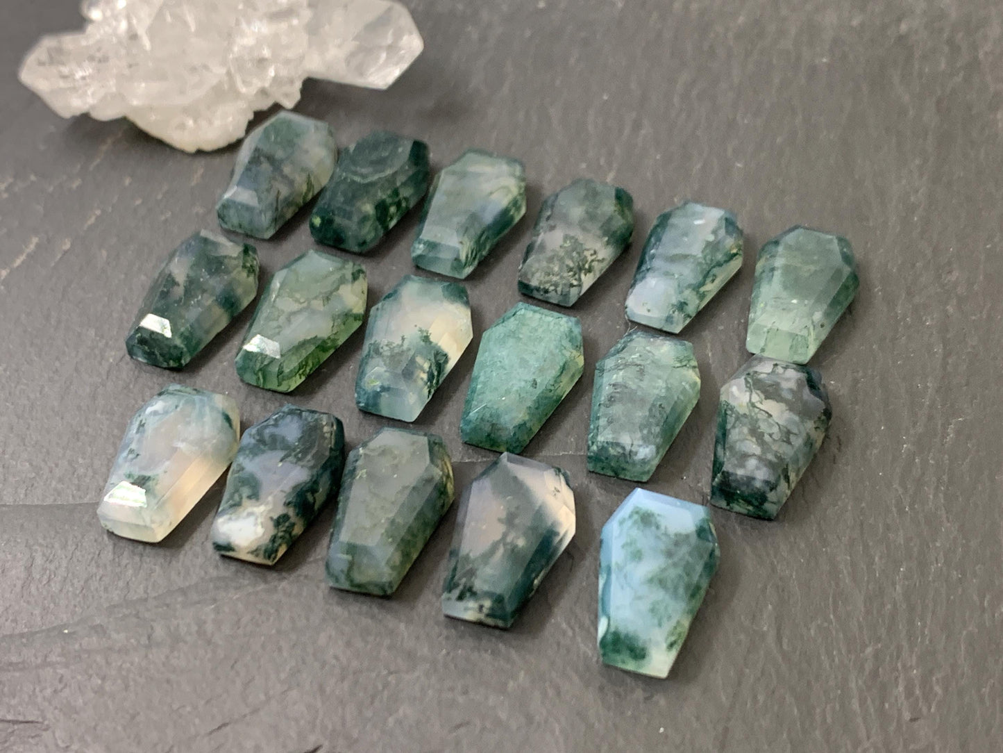 Faceted Moss Agate coffin 10x16mm cabochon