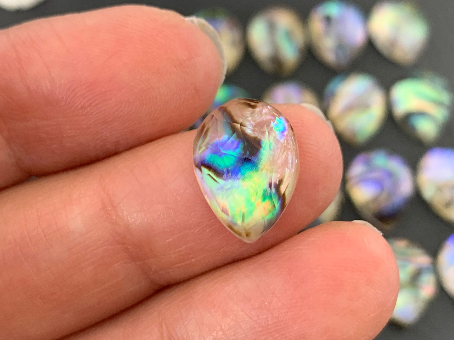 Rose Cut Abalone Crystal Doublet Pear 10x14mm Cabochon