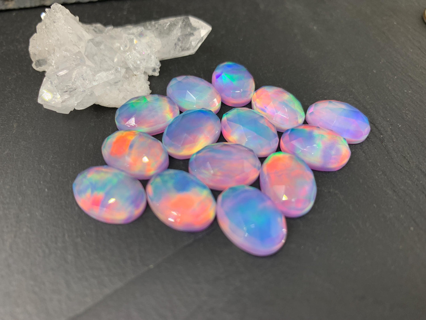 Faceted Aurora Opal oval 10x14mm cabochons - Doublet cabochons