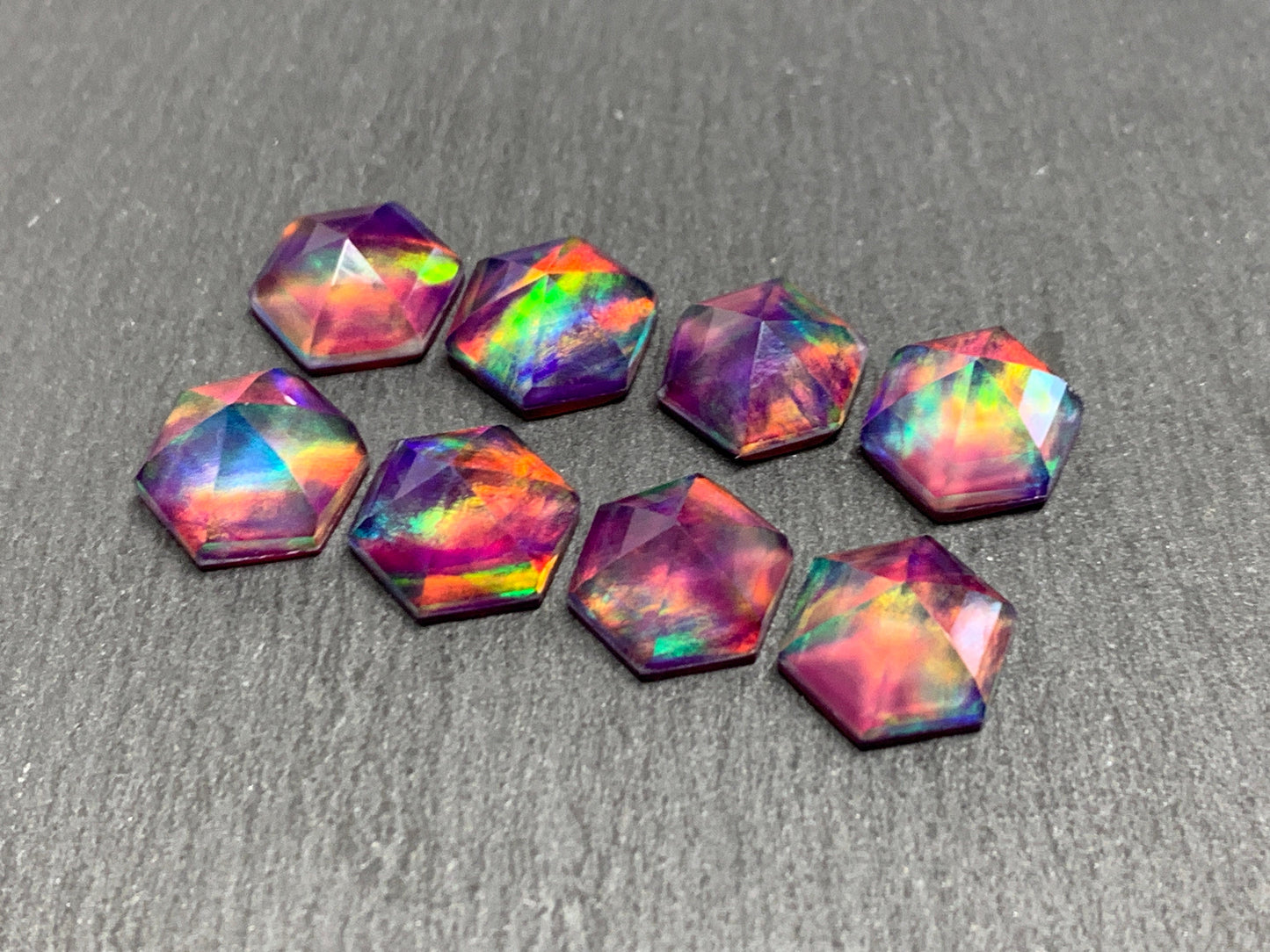 Faceted Aurora Opal hexagon 10mm cabochon - Doublet cabochons