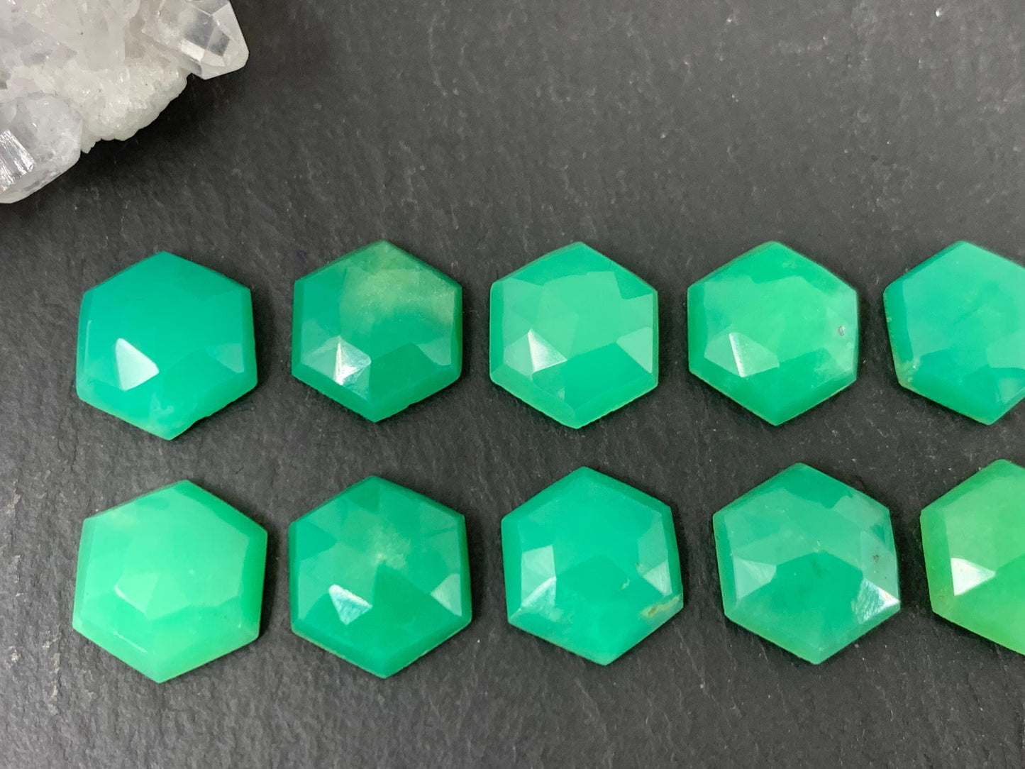 Faceted Chrysoprase Cabochon - 10mm Hexagonal Faceted Green Jewel for Jewelry Making