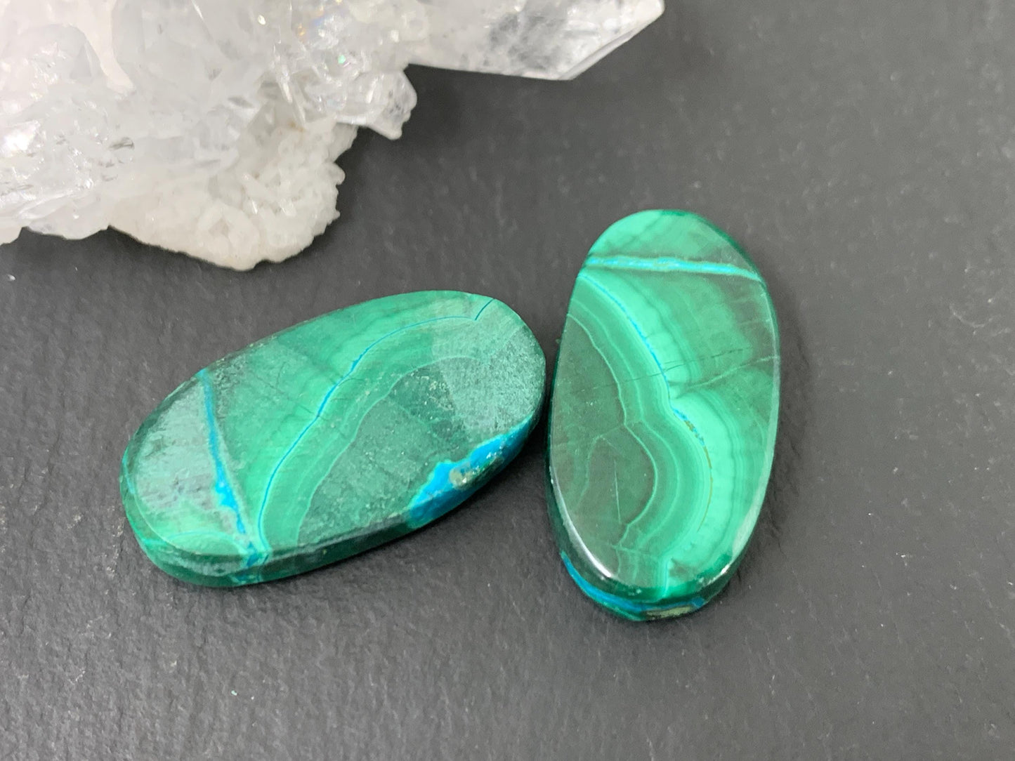 Malachite oval 12x23x4mm cabochon pair