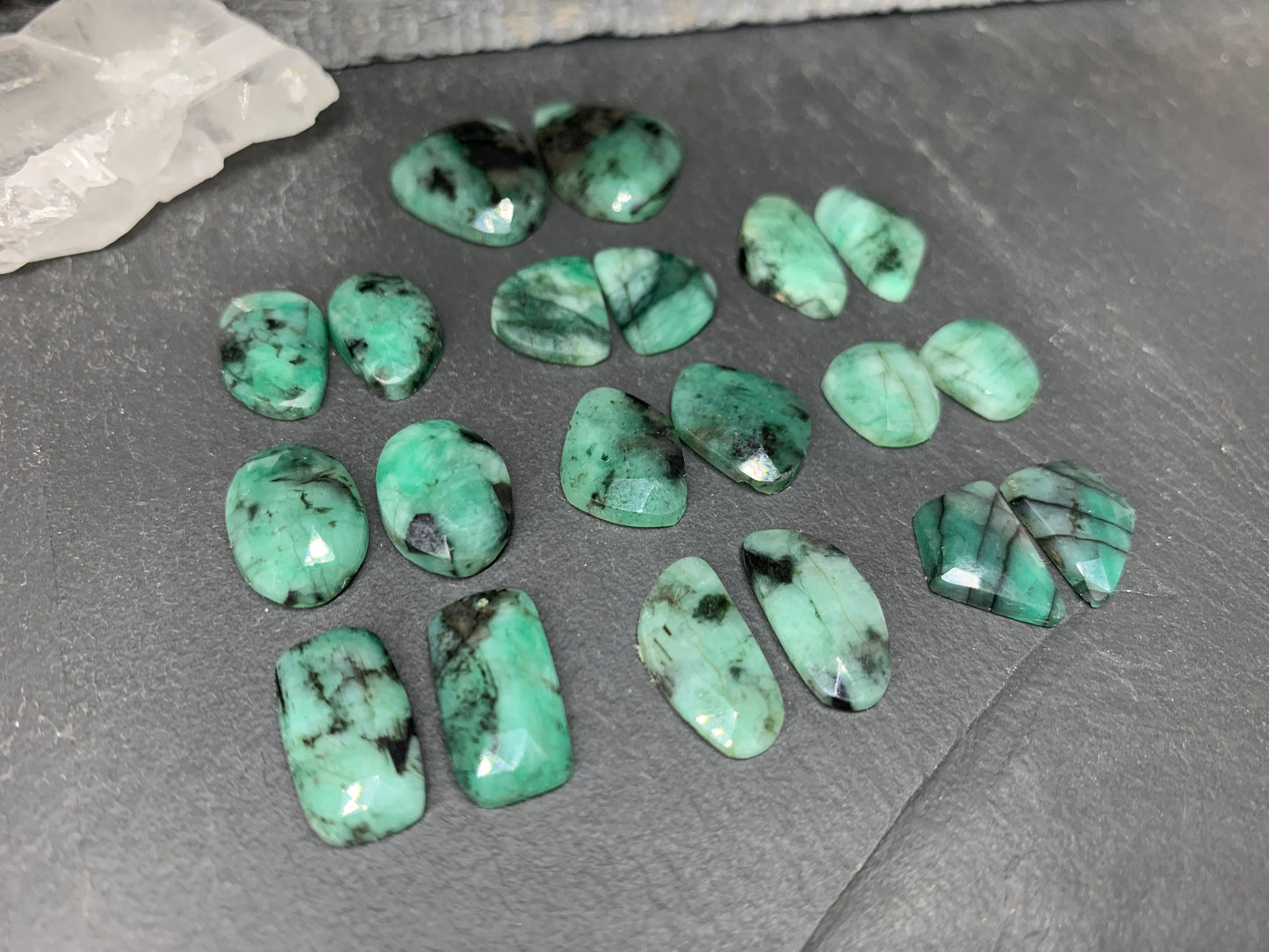 Faceted Emerald Pair 13-17mm long cabochon