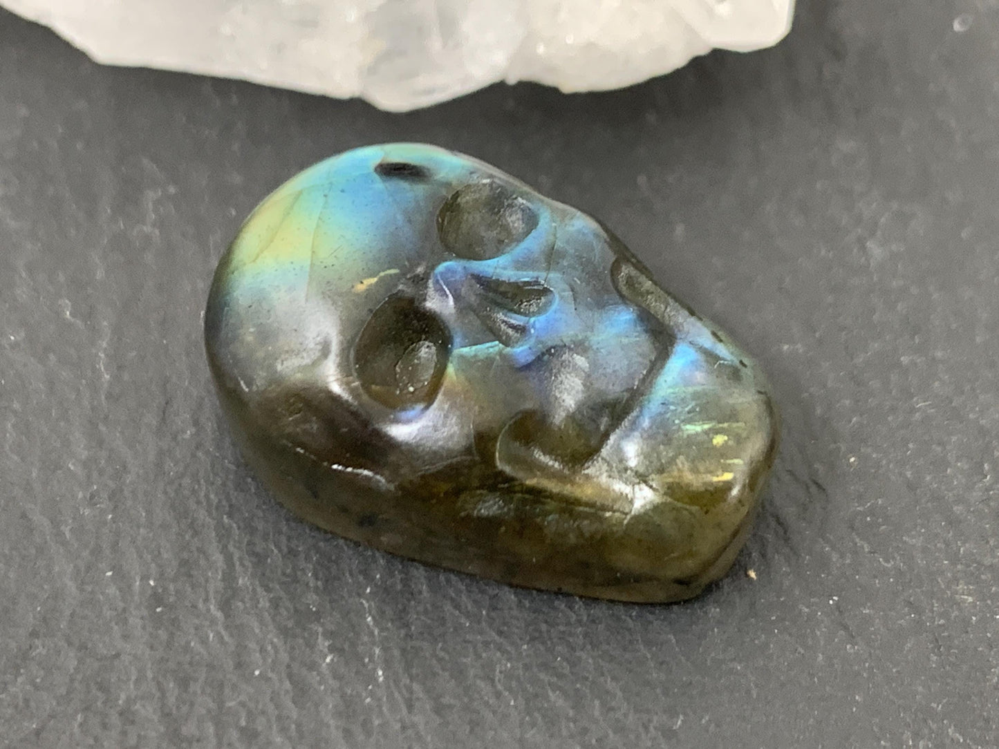 Labradorite Skull Cabochon 15x22mm - Natural Green Gemstone Flat Back Carving