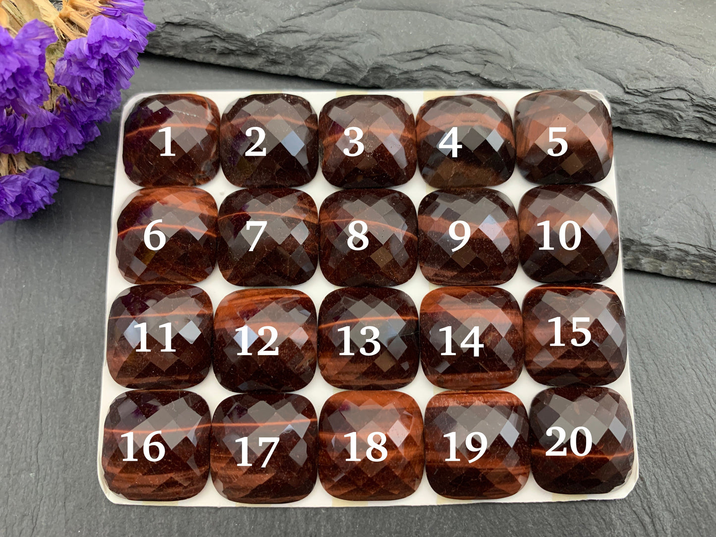Faceted Red Tiger Eye square cushion 18mm cabochon - Calibrated Cabochons