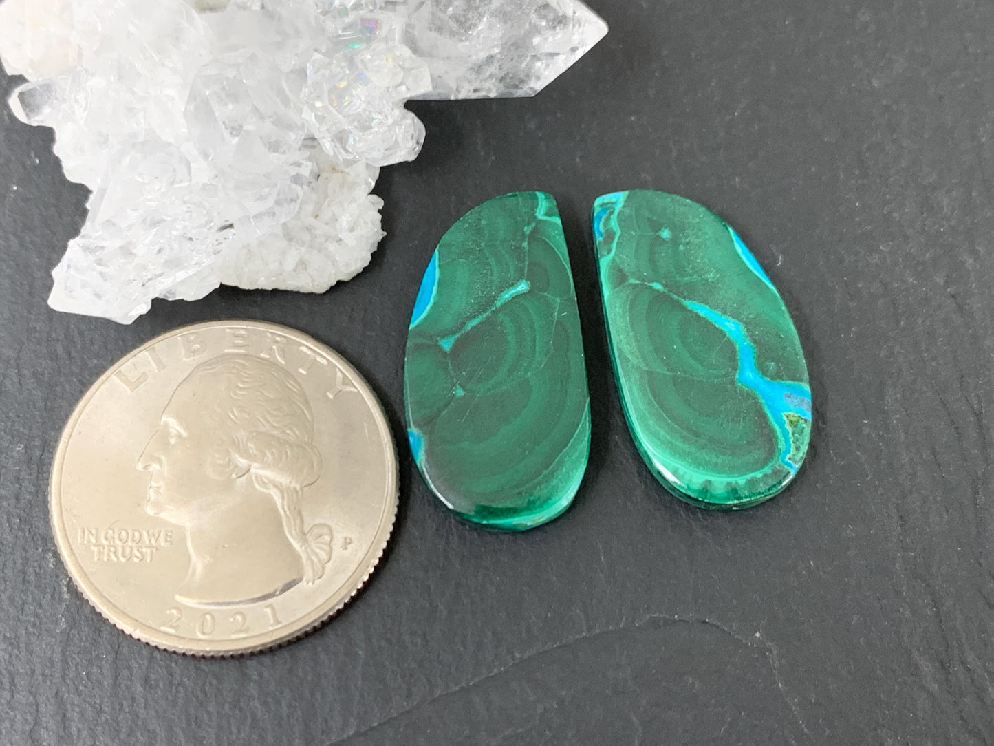 Malachite Chrysocolla free form 13x25x3.5mm cabochon pair