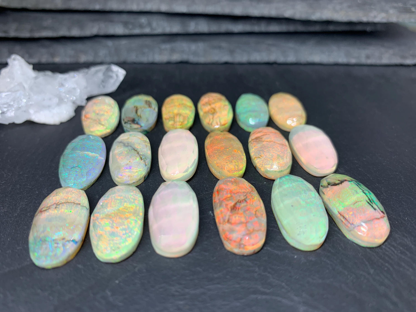 Faceted Monarch Opal oval 10x20mm cabochons - Doublet cabochons