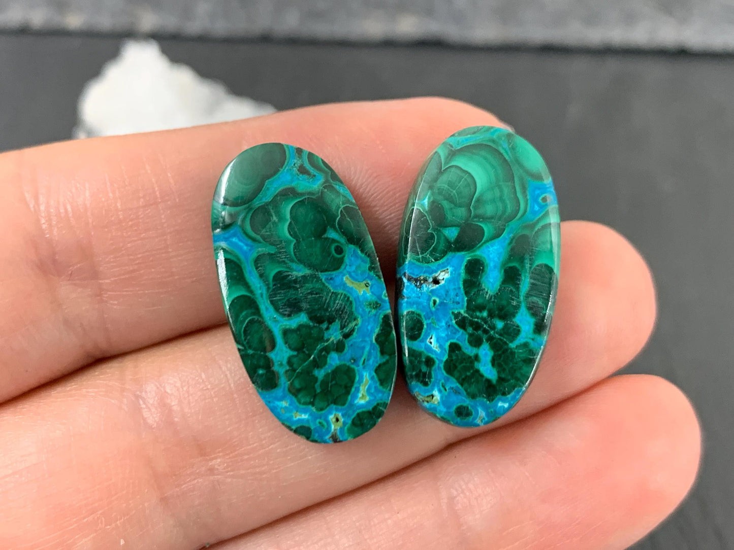 Discounted Malachite Chrysocolla oval 13x24x4mm cabochon pair