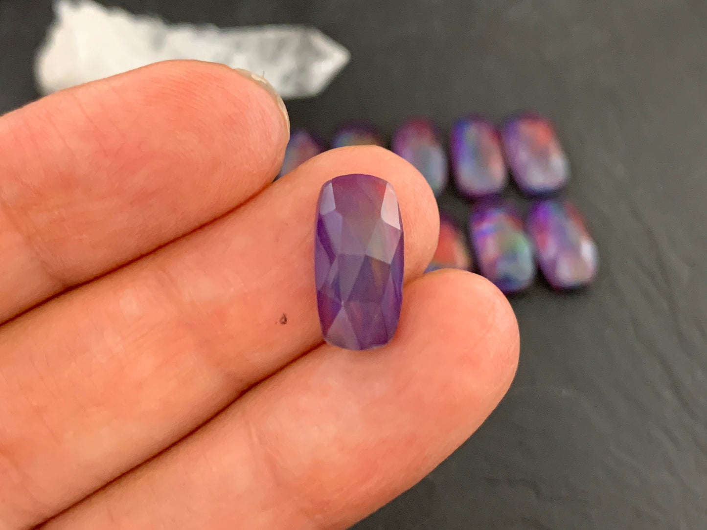 Faceted Aurora Opal rectangle 7x14mm cabochon - Doublet cabochons
