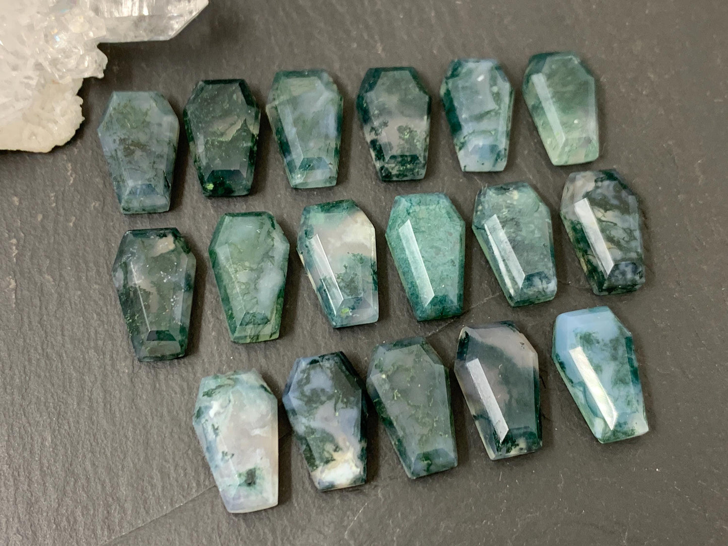 Faceted Moss Agate coffin 10x16mm cabochon