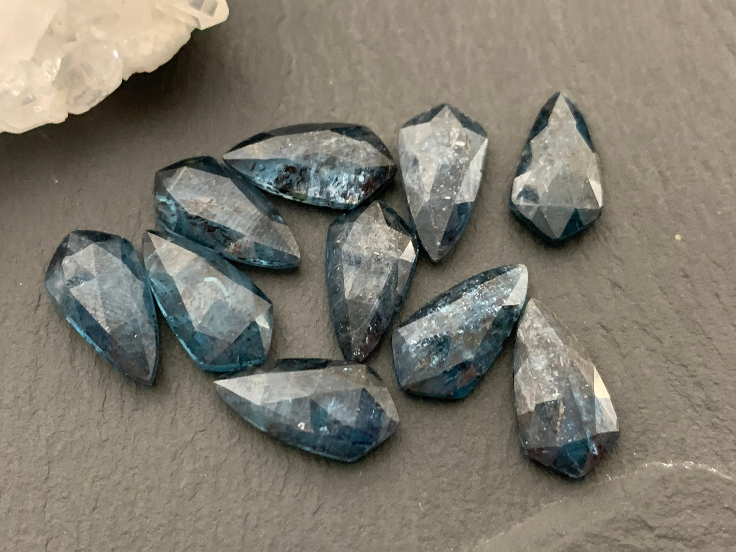 Faceted Moss Teal Kyanite kite 8x16mm cabochon