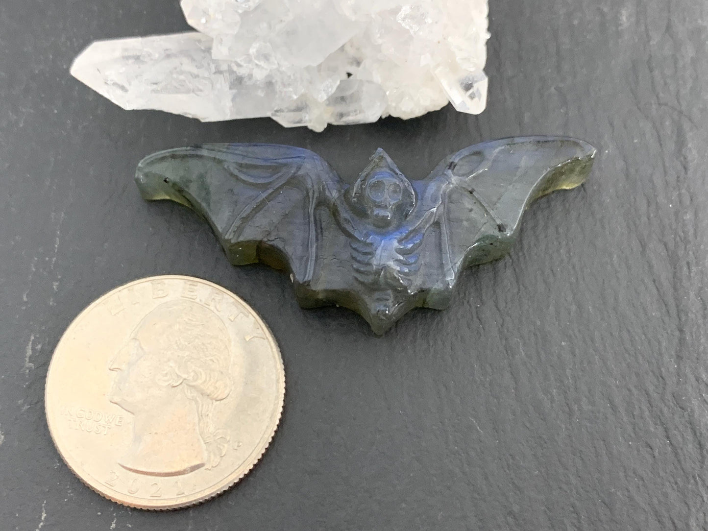 Labradorite skeleton bat 20x48mm flat back carving