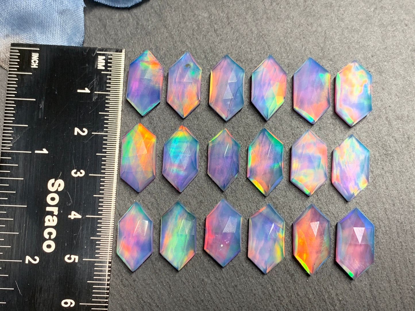 Faceted Aurora Opal long hexagon 8x16m cabochon - Doublet cabochons