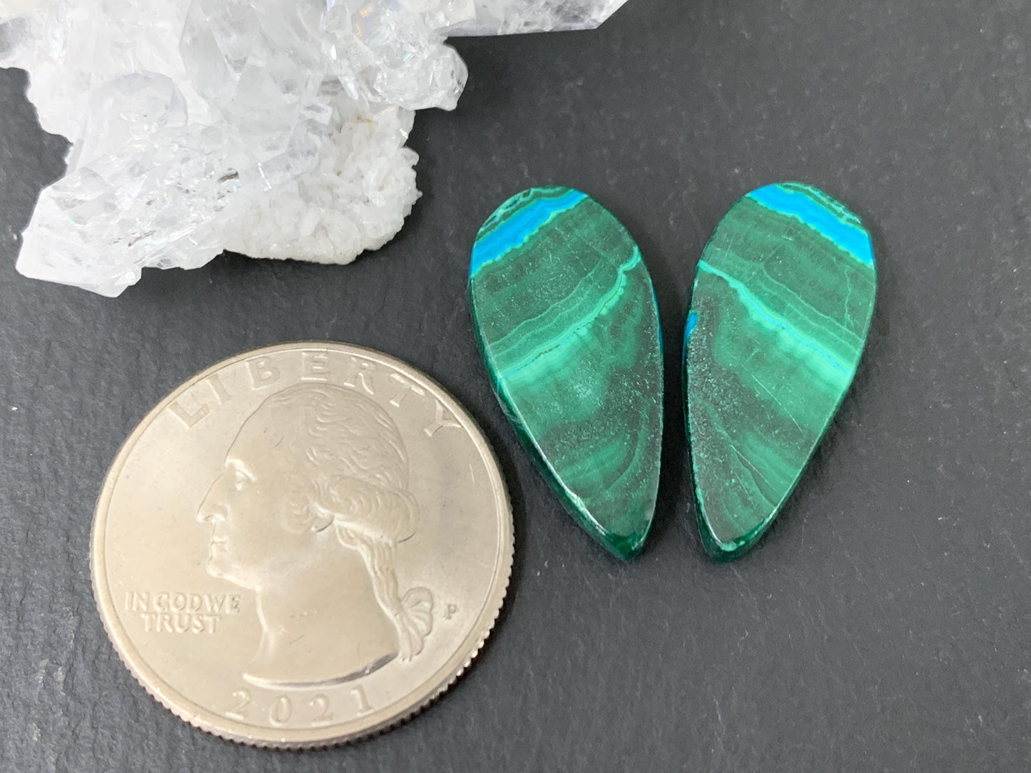 Malachite Chrysocolla pear 11x23x3.5mm cabochon pair