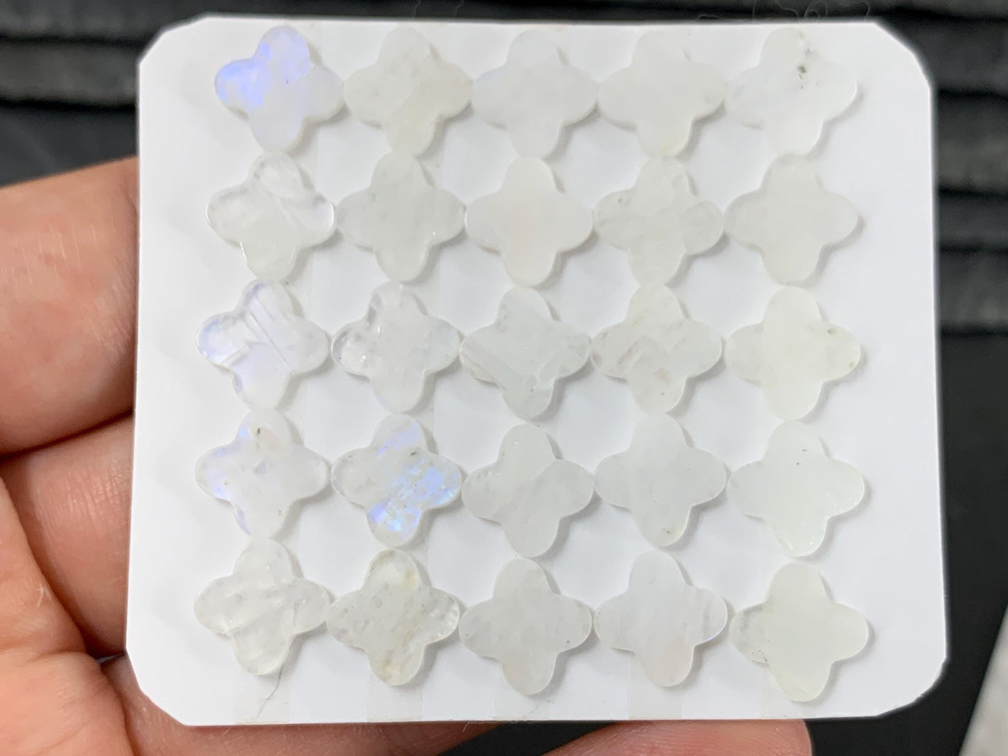 Flat Rainbow Moonstone clover 6mm, 10mm cabochon - Calibrated cabochons