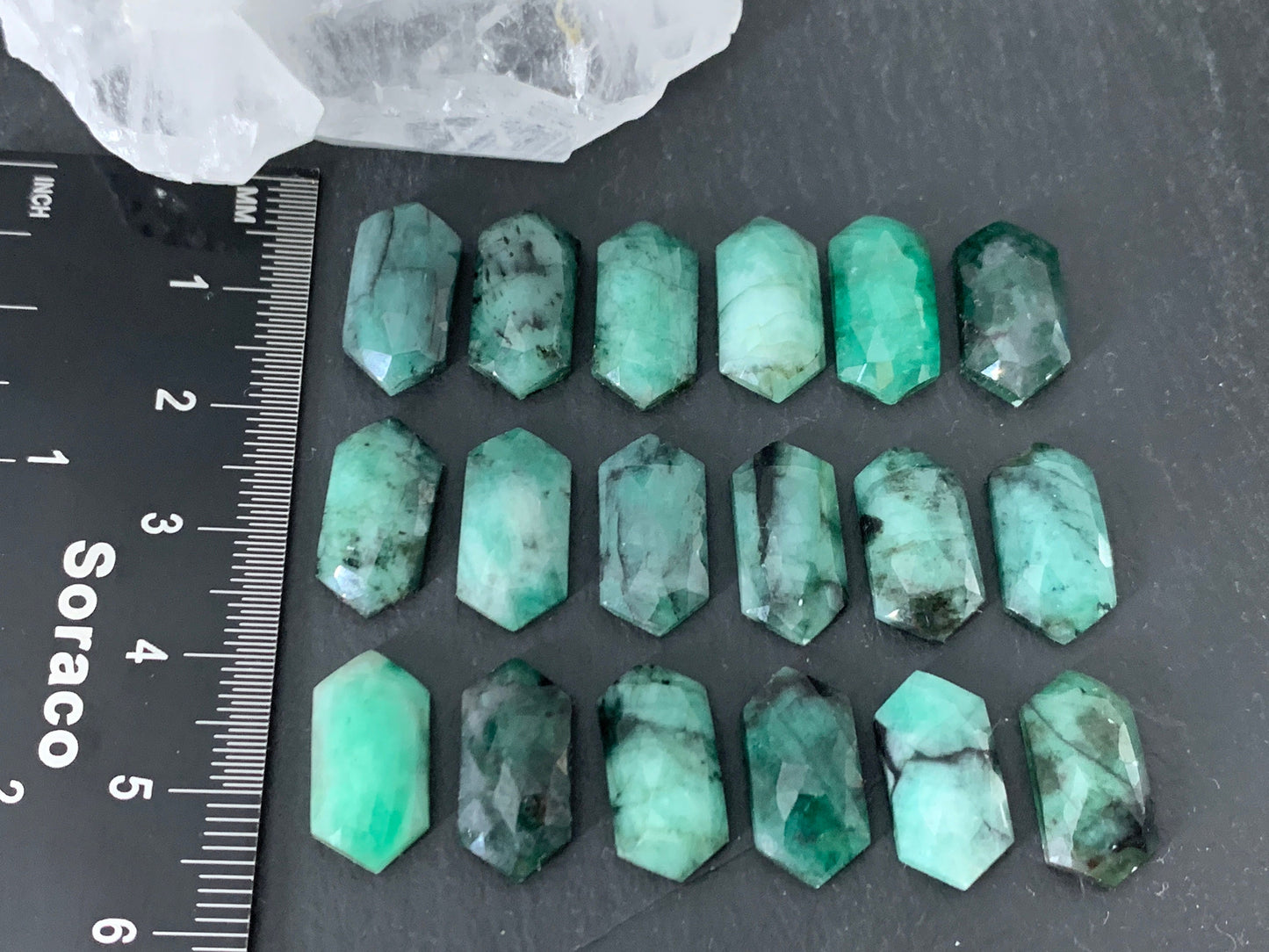 Faceted Emerald long hexagon 8x16mm cabochon