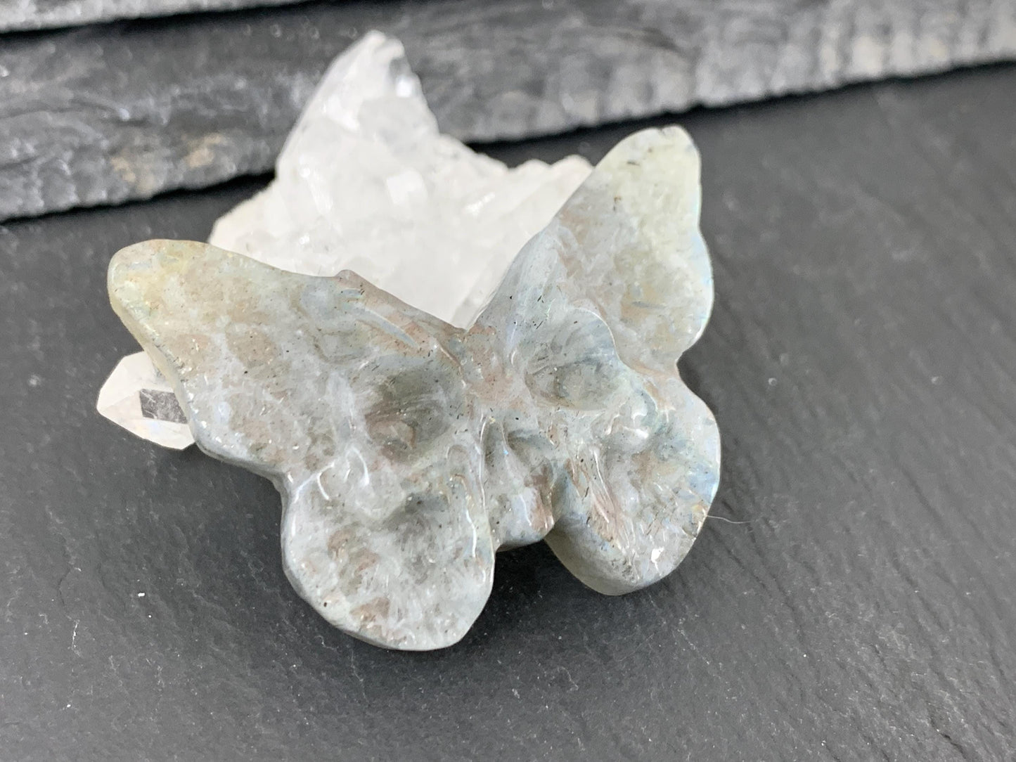 Natural Labradorite Carving - Ghost Face Butterfly 29x40mm Flat Back Gemstone