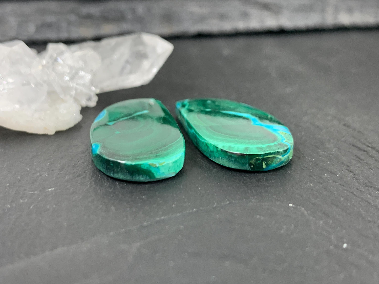 Malachite Chrysocolla free form 13x25x3.5mm cabochon pair