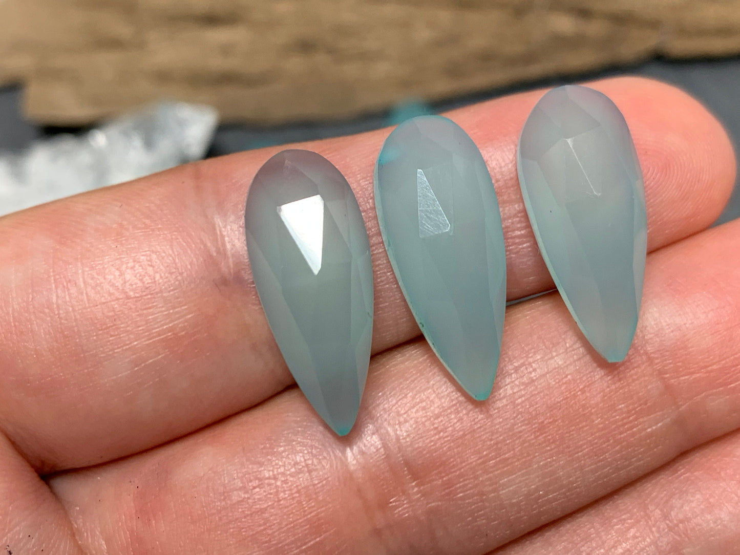 Faceted Aqua Chalcedony pear 8x21mm cabochon