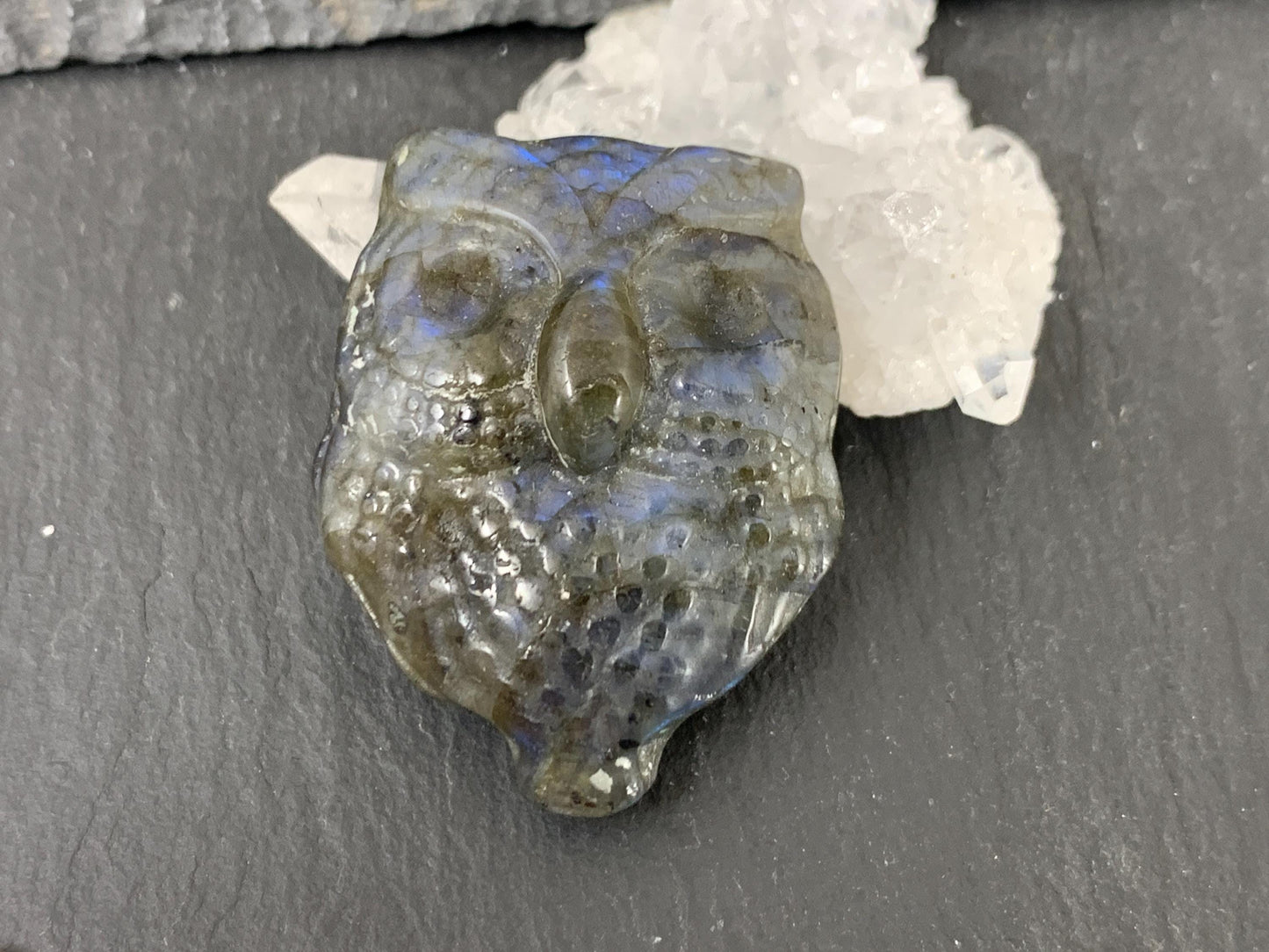 Labradorite Owl Carving 27x35mm Flat Back Gemstone - Natural Iridescent Stone