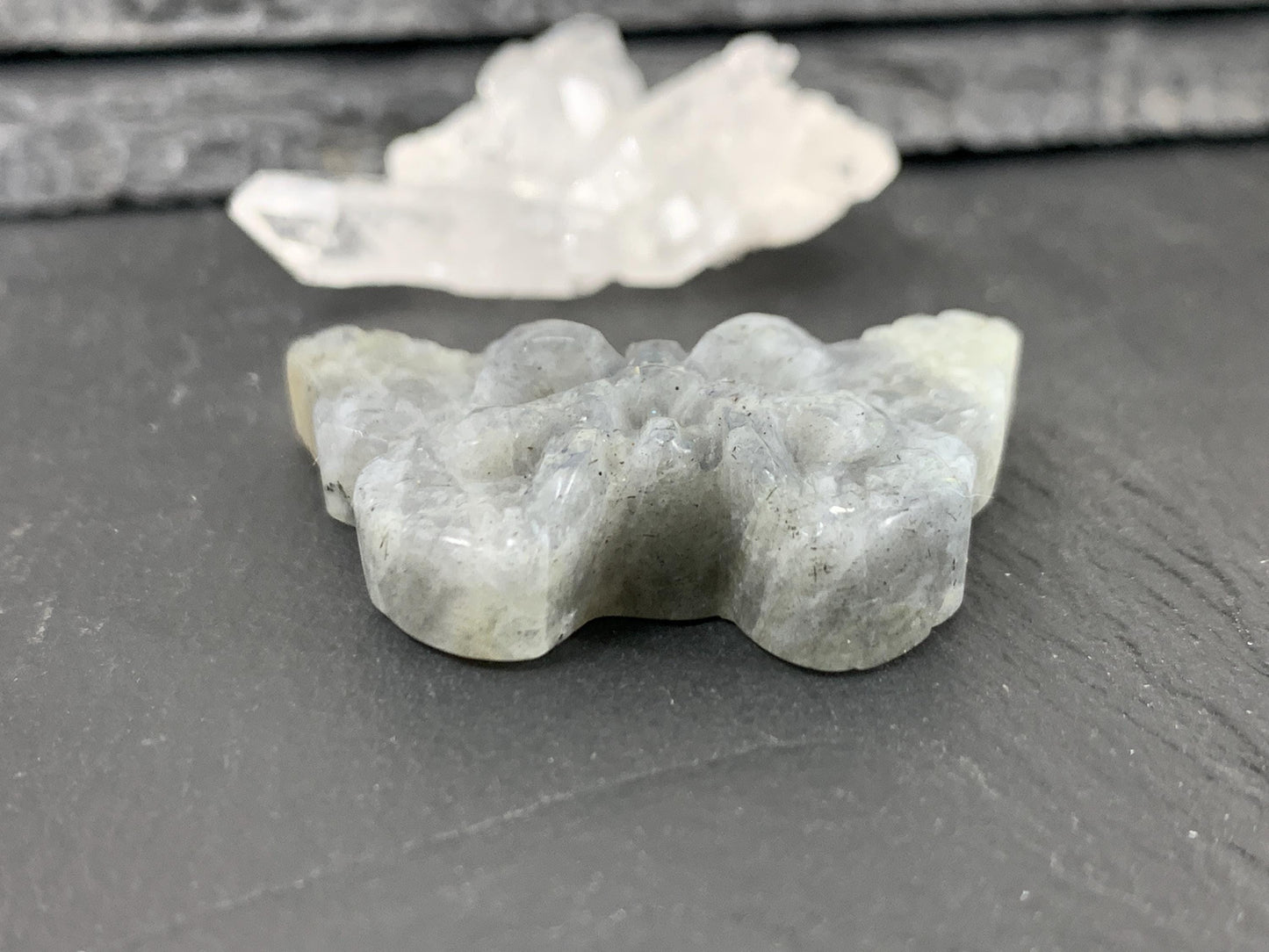 Natural Labradorite Carving - Ghost Face Butterfly 29x40mm Flat Back Gemstone