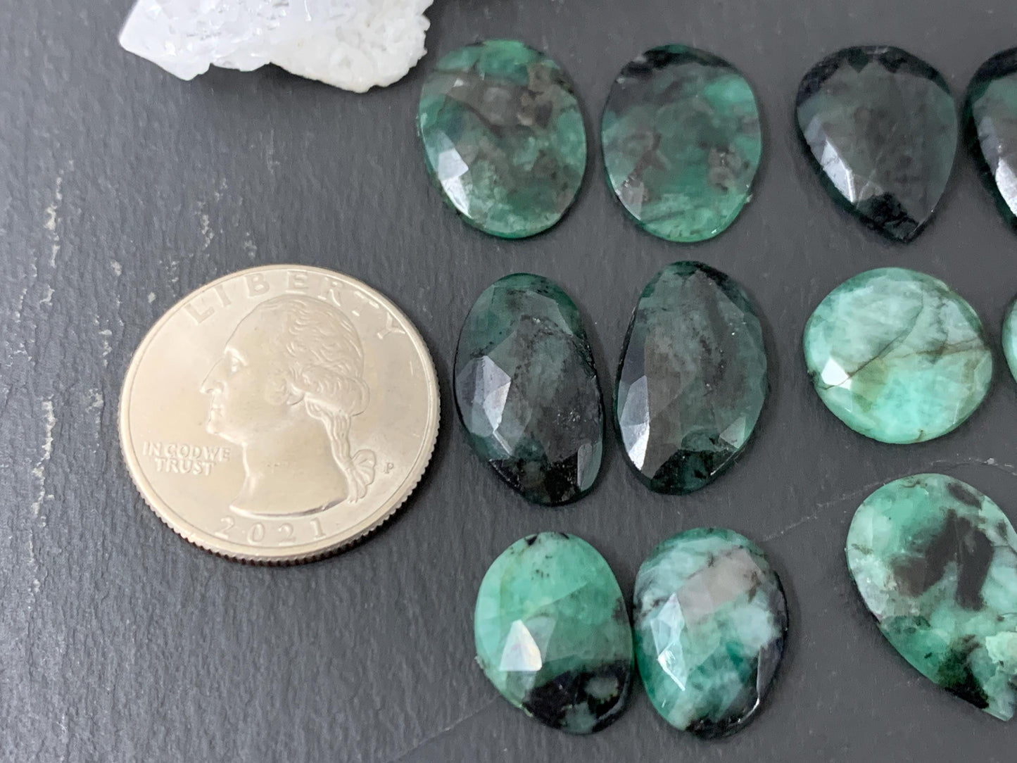 Faceted Emerald Pair 14-18mm long cabochons