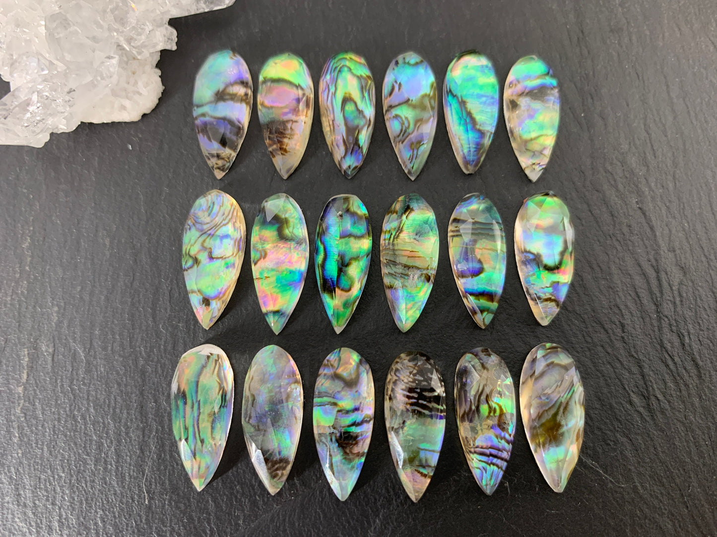 Faceted Abalone Crystal pear 10x20mm doublet cabochon