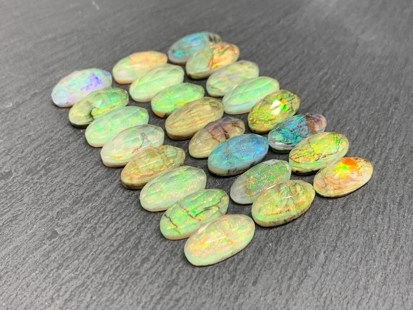 Faceted Monarch Opal oval 7x15mm cabochons - Doublet cabochons