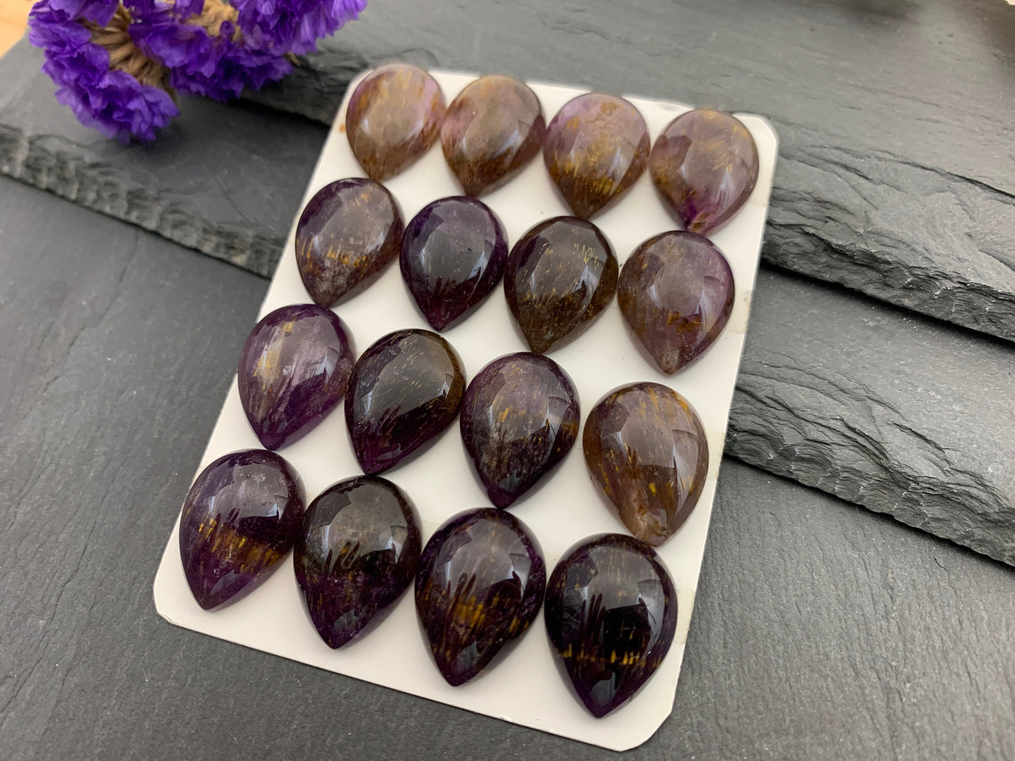 Amethyst Cacoxenite pear 15x20mm cabochon - Calibrated cabochons