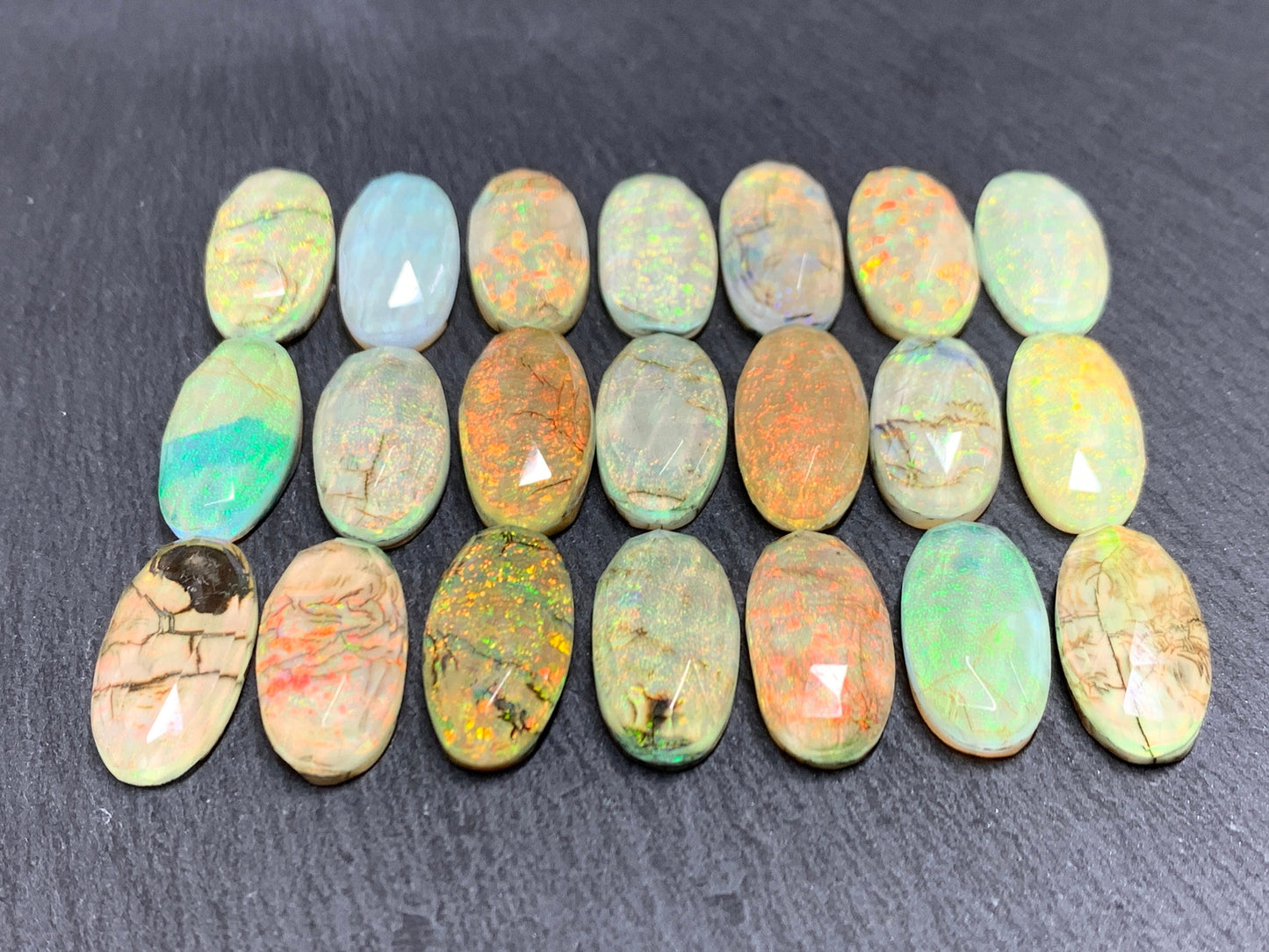 Faceted Monarch Opal oval 10x20mm cabochons - Doublet cabochons