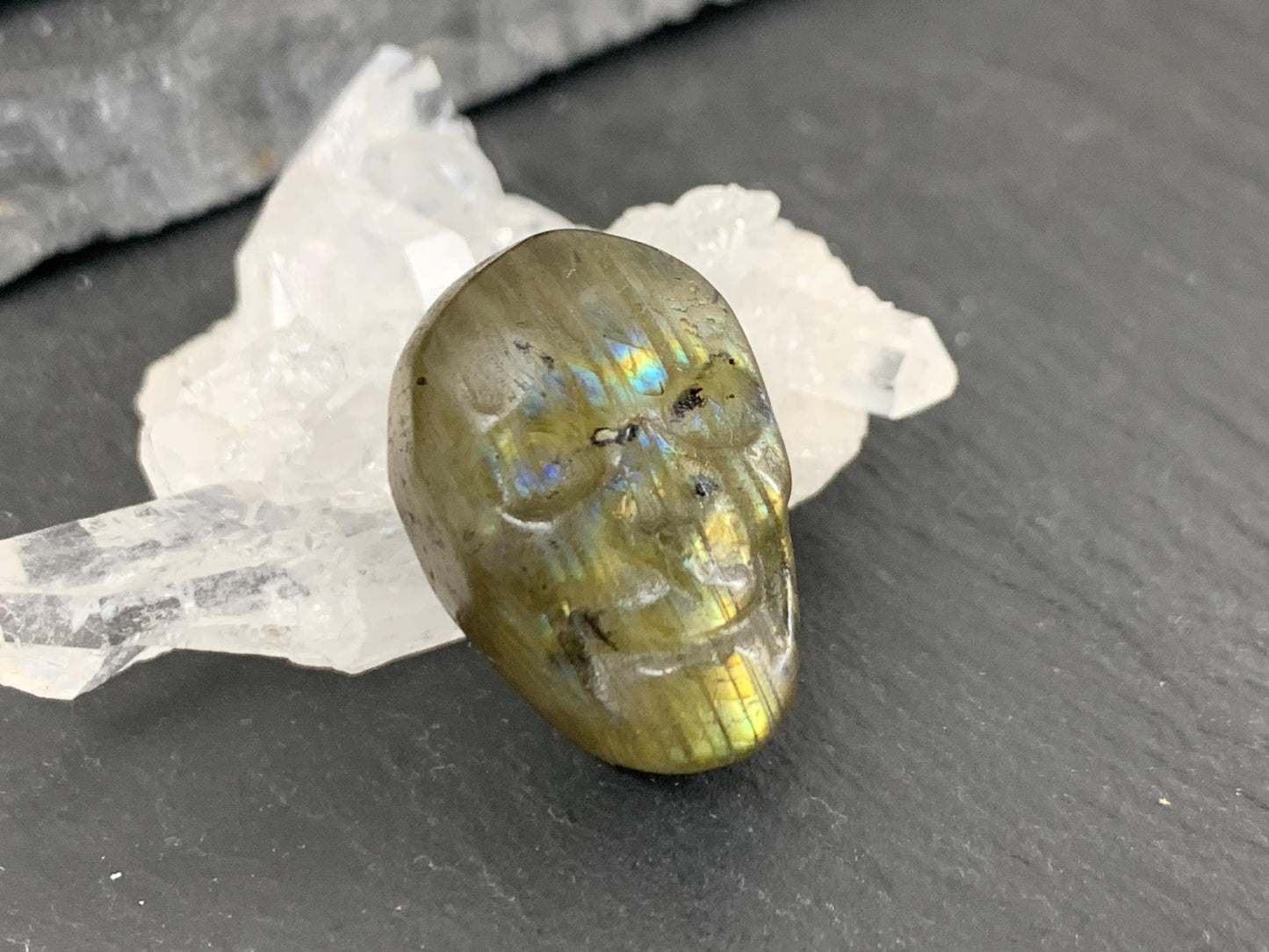 Labradorite Skull Cabochon 14x21mm - Natural Green Stone Flat Back Gemstone