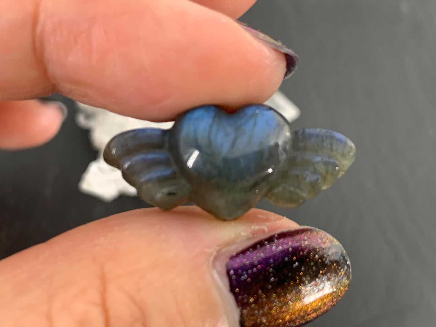 Labradorite Heart with Wings 25x11mm. Hand Carved Gemstone