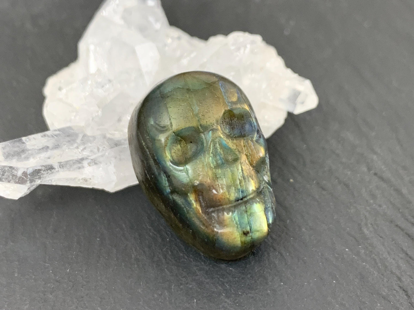 Labradorite Skull Cabochon 15x22mm - Natural Green Flat Back Carving Gemstone