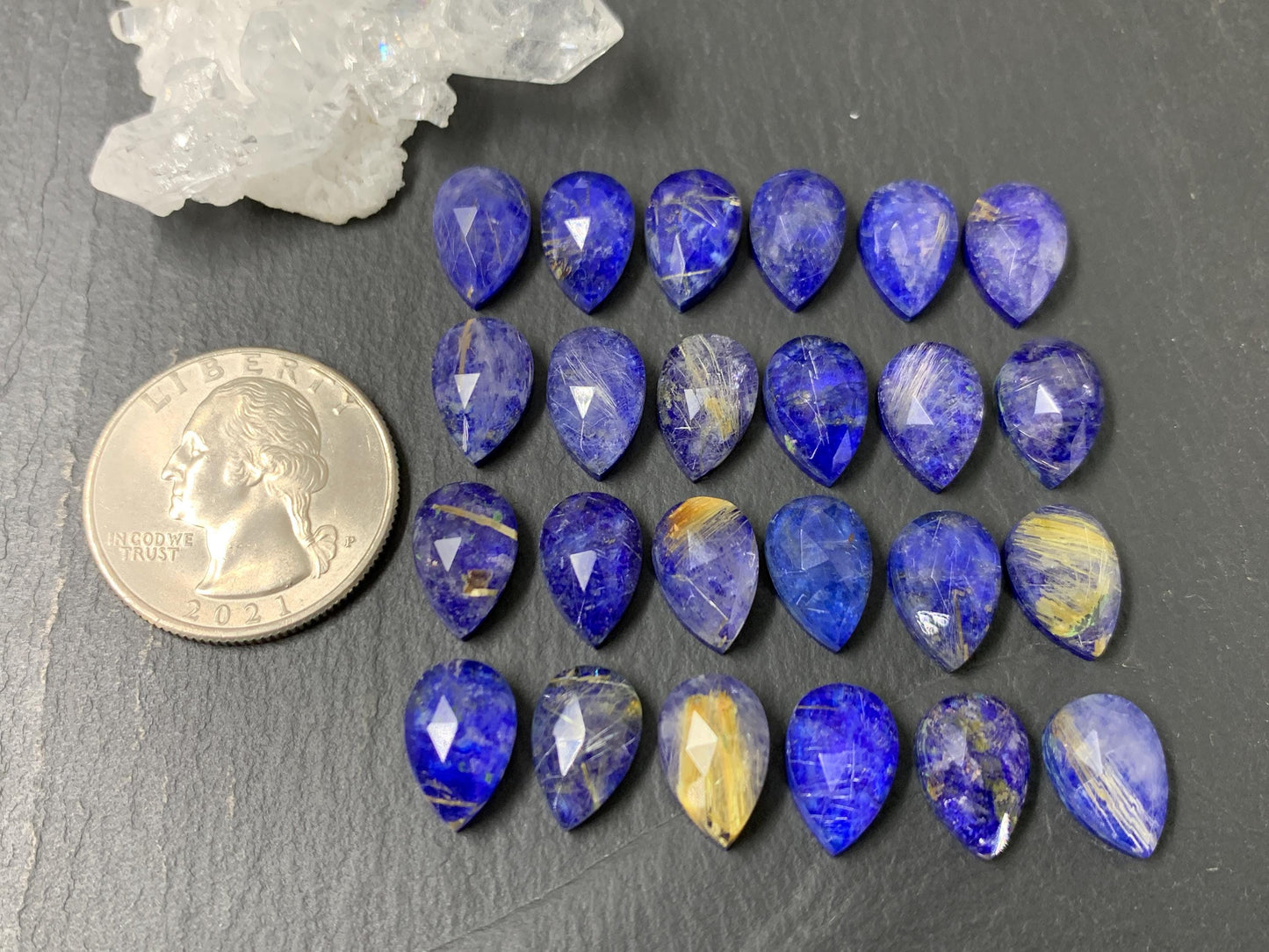 Faceted Gold Rutilated Quartz & Lapis Lazuli pear 8x12mm cabochon - Doublet cabochons