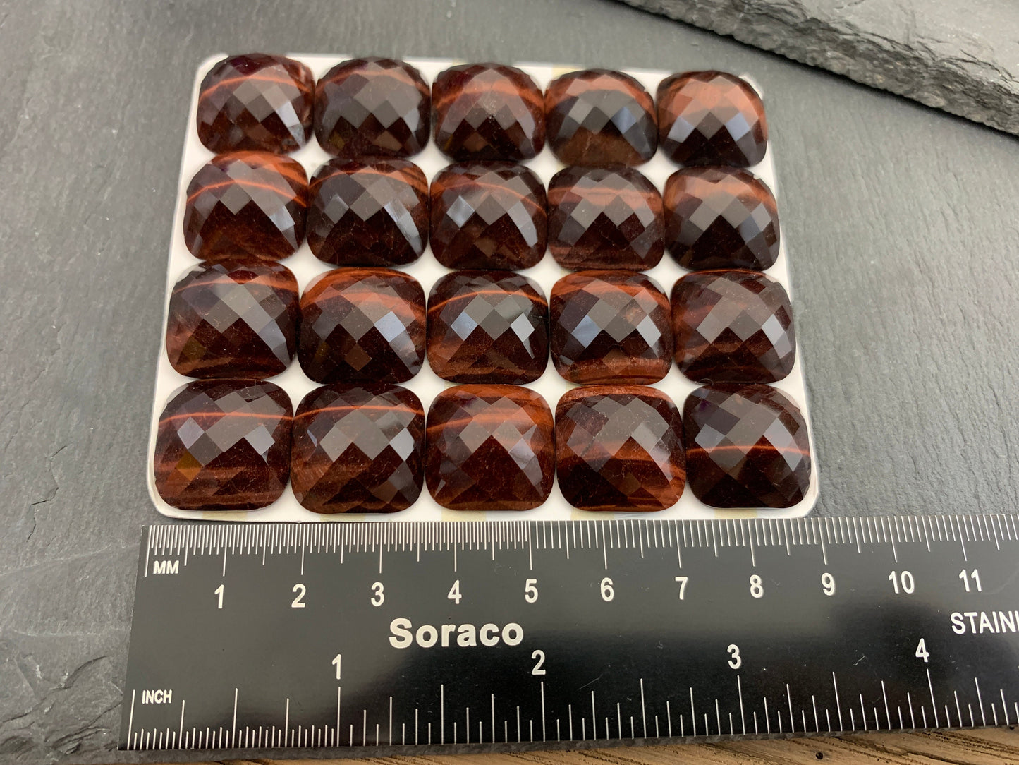 Faceted Red Tiger Eye square cushion 18mm cabochon - Calibrated Cabochons