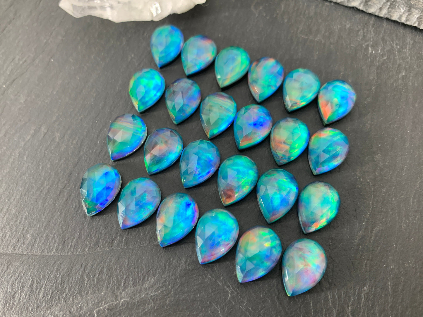 Faceted Aurora Opal pear 10x14mm cabochons - Doublet cabochon